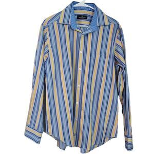 Bugatchi Uomo Button Down Long Sleeve Shirt Striped Blue Yellow Size Medium